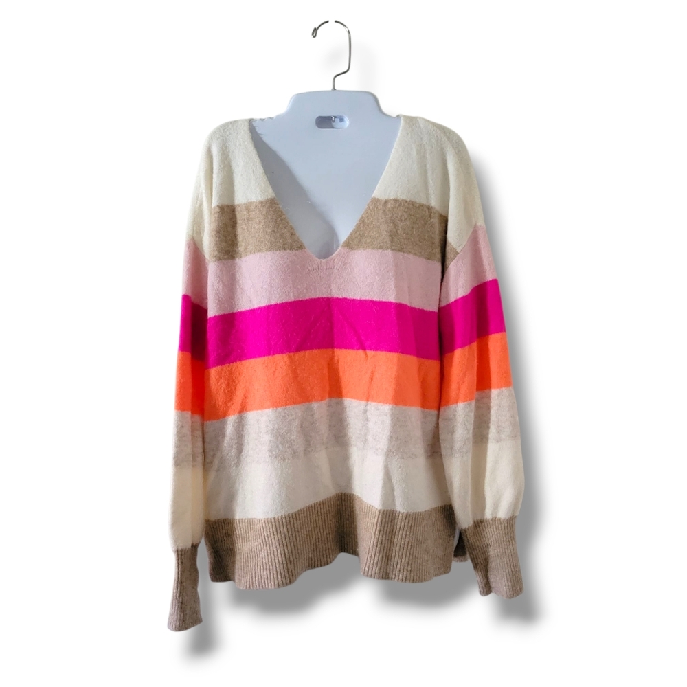 LOFT | Cozy Oversized Colorful Bold Stripe V-Neck Long Sleeve Sweater